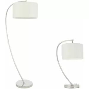 Loops - Standing Floor & Table Lamp Set Bright Nickel & White Shade Curved Stem Light