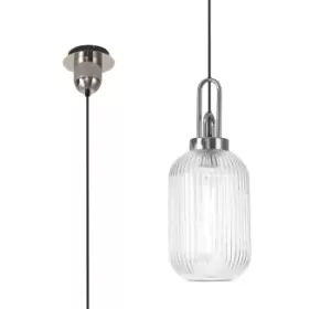 1 Light Pendant E27 With 20cm Tubular Ribbed Glass, Clear Polished Nickel, Matt Black