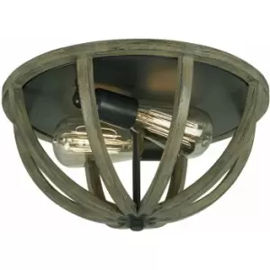 Loops - 2 Bulb Flush Light Low Ceiling Weather Oak Wood Antique Forged Iron LED E27 60W