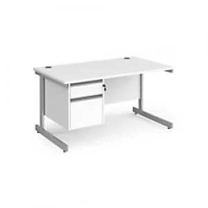 Dams International Straight Desk with White MFC Top and Silver Frame Cantilever Legs and 2 Lockable Drawer Pedestal Contract 25 1400 x 800 x 725mm