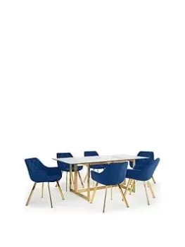 Julian Bowen Minori 200 Cm Glass Top Dining Table + 6 Lorenzo Chairs - Blue/Gold