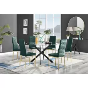 Furniturebox UK - Furniturebox Novara Black Leg 120cm Round Glass Dining Table & 6 Green Milan Velvet Dining Chairs With Gold Legs Diamond Stitch