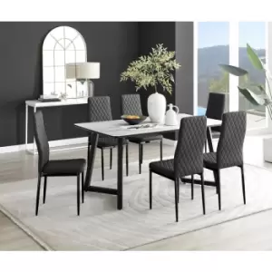 Furniturebox UK - Furniturebox Carson White Marble Effect Rectangular 160cm Dining Table & 6 Black Milan Black Leg Faux Leather Chairs