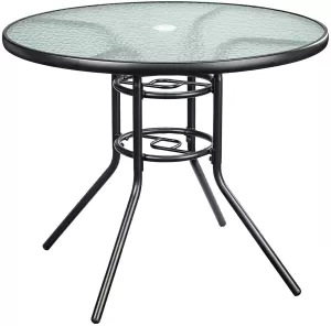 Outsunny Glass Top Garden Table Curved Metal Frame w/ Parasol Hole 4 Legs Outdoor Balcony Sturdy Friends Family Dining Table -Grey