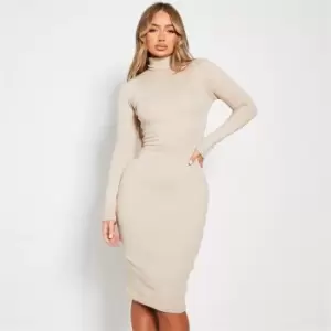 I Saw It First Cotton Rib Long Sleeve Roll Neck Mini Dress - Brown