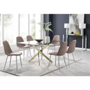 Furniturebox Leonardo 150cm Modern Glass And Gold Metal Dining Leg Table And 6 Cappuccino Beige Corona Faux Leather Dining Chairs with Silver Legs