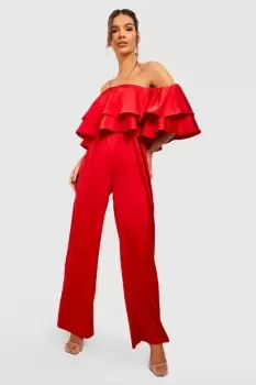 Tiered Ruffle Bardot Wide Leg Jumpsuit