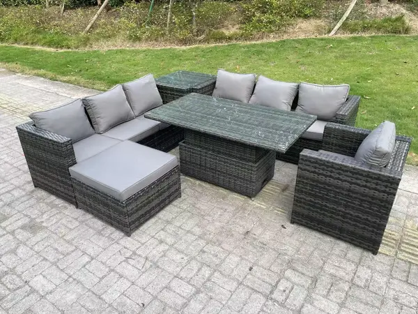 Fimous 7 Seater Outdoor Dark Grey Rattan Lounge Complete Sofa Set with Adjustable Side Tables and Big Footstool