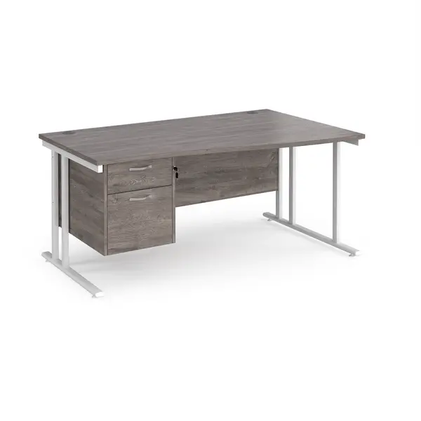 Maestro 25 right hand wave desk 1600mm wide with 2 drawer pedestal - white cantilever leg frame, grey oak top