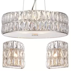 5 Bulb Ceiling Pendant & 2x Matching Flush Wall Light Chrome & Crystal Glass