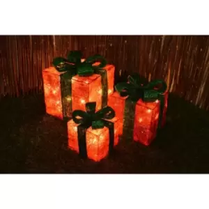 King Fisher - Set of 3 LED Battery Powered Light Up Christmas Present Boxes - Red w/ Green Bow