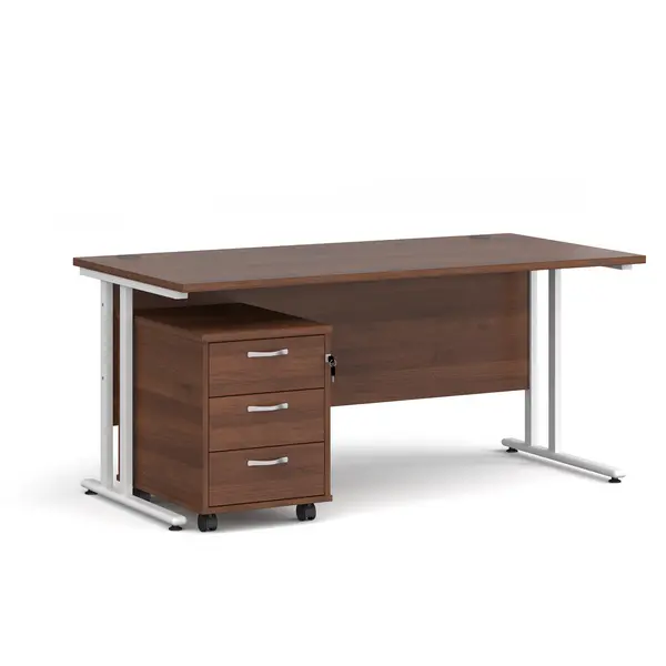 Maestro 25 Straight Desk White Frame Walnut Table Top and 3 Drawer Pedestal - 1600mm