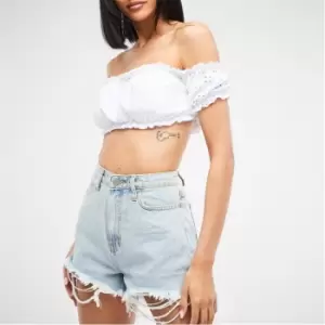 Missguided Bardot Broderie Milkmaid Crop Top - White