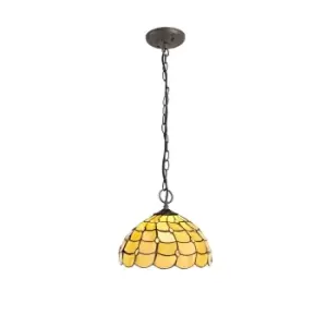 3 Light Downlighter Ceiling Pendant E27 With 30cm Tiffany Shade, Beige, Clear Crystal, Aged Antique Brass