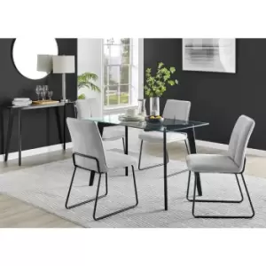 Furniturebox Malmo Rectangular Glass and Black Wooden Leg Modern Industrial Dining Table & 4 Light Grey Halle Fabric Chairs