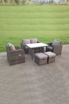 Fimous 4 Seater Outdoor Dark Grey Rattan Lounge Complete Sofa Set with Adjustable Chair, Oblong Dining Table, and 2 Stools