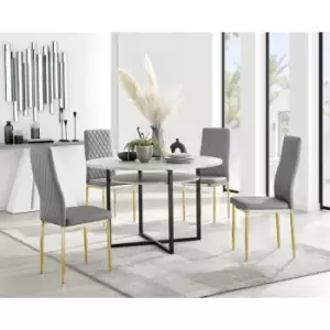 Furniturebox Adley Grey Concrete Effect 120cm Storage Dining Table & 4 Grey Milan Gold Leg Faux Leather Chairs