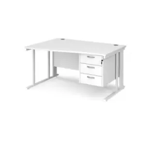 Office Desk Left Hand Wave Desk 1400mm With Pedestal White Top With White Frame Maestro 25 MCM14WLP3WHWH