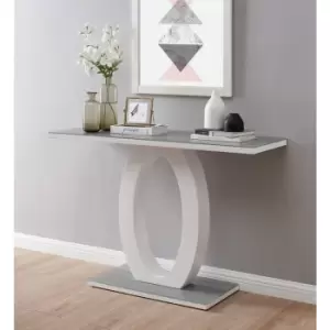 Furniturebox Giovani Rectangular White High Gloss Console Table with Grey Glass Top and Unique Halo Structural Plinth Base Design