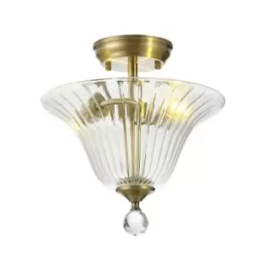 Luminosa Talisa 2 Light Semi Flush Ceiling Lamp E27 With Bell 30cm Glass Shade Antique Brass, Clear