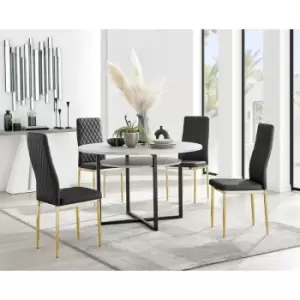 Furniturebox Adley Grey Concrete Effect 120cm Storage Dining Table & 4 Black Milan Gold Leg Faux Leather Chairs