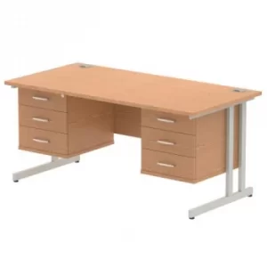 Impulse 1600 Rectangle Silver Cant Leg Desk Beech 2 x 3 Drawer Fixed Ped