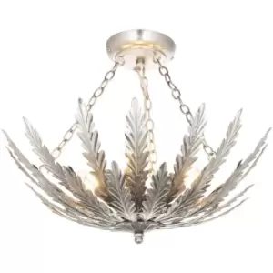 Ornate Silver Flush Ceiling Light Decorative Leaf Design Dimmable 3 Bulb Pendant