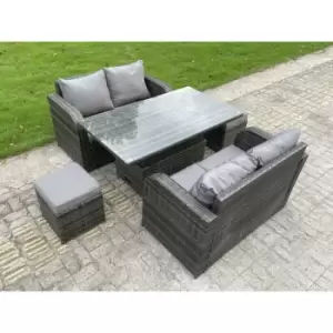 Fimous 4 Seater Outdoor Dark Grey Rattan Lounge Complete Sofa Set with Adjustable Dining Table and Stool