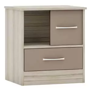 Seconique Nevada Sliding Door Bedside - Oyster Gloss/Light Oak Effect Veneer