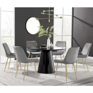 Furniturebox Palma Black Semi Gloss 120cm Round Minimalist Dining Table & 6 Grey Pesaro Gold Leg Chairs