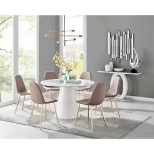 Furniture Box Palma White High Gloss Round Dining Table and 6 Cappuccino Corona Gold Leg Chairs