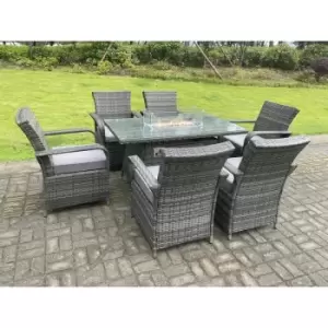 Fimous 6 Seater Outdoor Dark Grey Rattan Lounge Complete Dining Table Set with Gas Fire Pit Round Dining Table and Rectangular Table