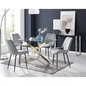 Furniturebox Leonardo 120cm Modern Glass And Gold Metal Leg Dining Table And 4 Elephant Grey Pesaro Velvet Black Leg Dining Chairs