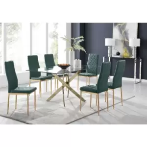 Furniturebox UK - Furniturebox Leonardo 6 Gold Leg Glass Dining Table and 6 Green Milan Velvet Dining Chairs With Gold Legs Diamond Stitch Modern