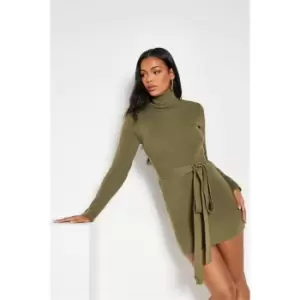 I Saw It First Knitted Turtle Neck Belted Mini Dress - Green