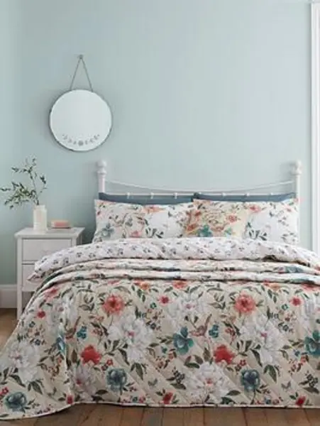 Catherine Lansfield Pippa Floral Birds Natural Duvet Cover and Pillowcase Set Natural