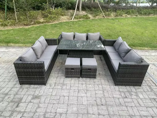 Fimous 9 Seater Outdoor Dark Grey Rattan Lounge Complete Sofa Set with Adjustable Dining Table and 2 Stools