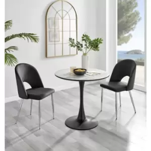 Furniturebox UK - Furniturebox Elina White Marble Effect Modern 80cm Round Dining Table & 2 Black Arlon Silver Leg Velvet Chairs