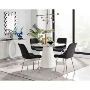 Furniture Box Palma White Marble Effect Round Dining Table and 4 Black Pesaro Silver Leg Chairs