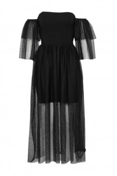 French Connection Valentin Sheer Jersey Off Shoulder Midi Dress Black