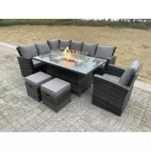 Fimous 7 Seater Outdoor Dark Grey Rattan Lounge Complete Sofa Set with Gas Fire Pit, Heater, and 2 Stools