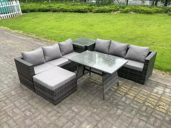 Fimous 6 Seater Outdoor Dark Grey Rattan Lounge Complete Sofa Set with Dining Table, Side Table and Big Footstool