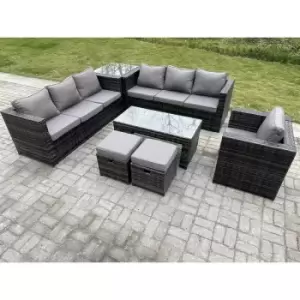 Fimous 7 Seater Outdoor Dark Grey Rattan Lounge Complete Sofa Set with Oblong Rectangular Coffee Table, Side Table and 2 Stools