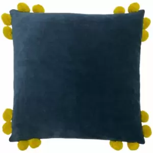 Hoola Pop Pom 100% Cotton Fringed Cushion Cover, Navy/Olive, 45 x 45cm - Furn