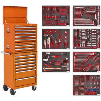 Sealey Superline Pro 14 Drawer Roller Cabinet, Mid and Top Tool Chests + 446 Piece Tool Kit Orange