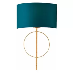 Antique Gold Leaf Wall Light & Teal Satin Half Shade Dimmable LED Filament Lamp