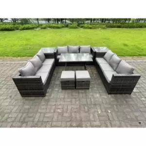 Fimous 9 Seater Outdoor Dark Grey Wicker PE Rattan Garden Dining Set with Lounge Sofa, 2 Side Tables and 2 Stools