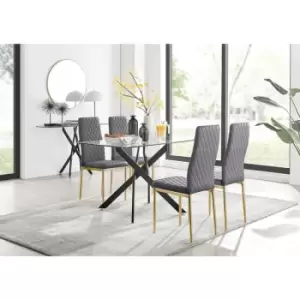 Furniturebox UK - Furniturebox Leonardo 4 Black Leg Glass Dining Table and 4 Grey Milan Velvet Dining Chairs With Gold Legs Diamond Stitch Modern