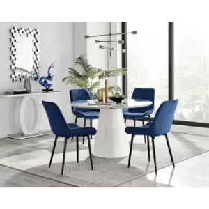 Furniturebox Palma White Marble Effect 120cm Round Minimalist Dining Table & 4 Navy Pesaro Black Leg Velvet Chairs