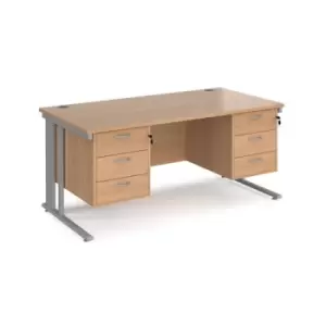 Office Desk Rectangular Desk 1600mm With Double Pedestal Beech Top With Silver Frame 800mm Depth Maestro 25 MCM16P33SB